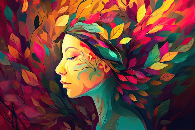 Cabeça feminina vibrante com árvore multicolorida deixa arte digital surreal imagens orgânicas animadas Generative AI