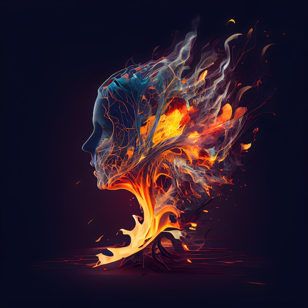 Cabeça humana com fogo e chamas na ilustração de fundo escuro