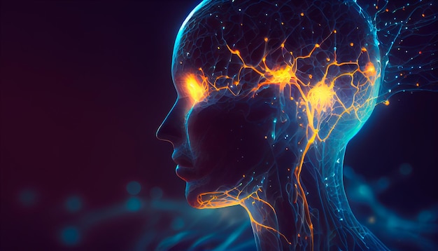 Cabeça humana com neurônios brilhantes no cérebro Conceito esotérico e de meditação Conexão com outros mundos IA generativa