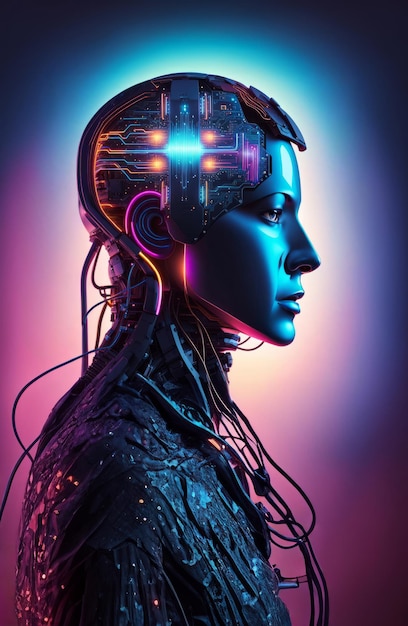 Cabeça humana com rede neural brilhante de néon de inteligência artificial andróide ou ciborgue