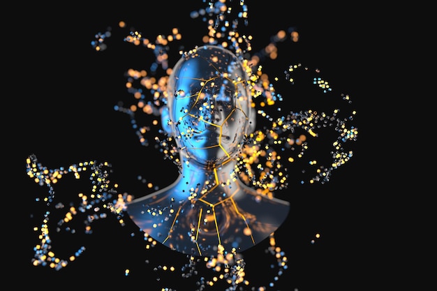 Cabeça humana de metal azul com renderização em 3d de partículas