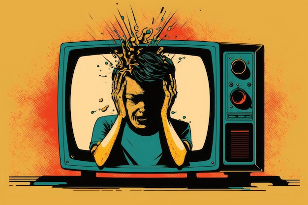 Cabeça humana dentro de uma televisão em fundo colorido Conceito maluco Generative AI