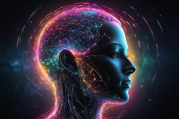 Foto cabeça humana feita de rastros de luz coloridos sobre o espaço criados usando tecnologia de ia generativa