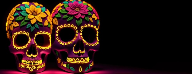 Foto cabeçalho com crânio de calavera mexicano em fundo preto com espaço em branco para o texto para o dia dos mortos