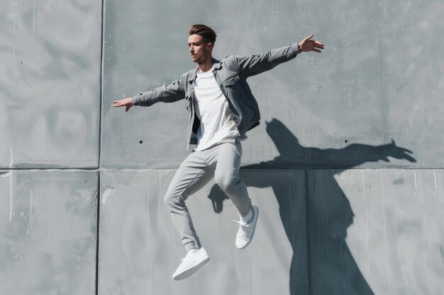 cabeçalho do site de homem de moda equilibrando enquanto posando em cinza