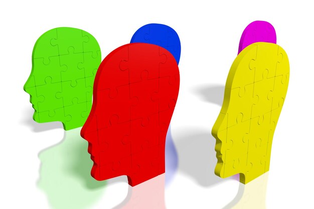 Foto cabeças coloridas feitas com peças de quebra-cabeça ilustração 3d