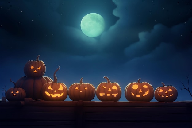 Cabeças de abóbora de Halloween jack o lanterna com rosto brilhante com luz da lua paisagem noturna