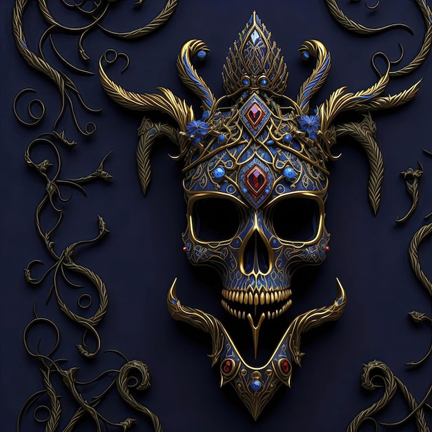 Cabeças de crânios de antigos reis, humanos e gênios, decorados com jóias, ouro e diamantes.