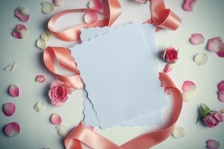 Foto cabeças de rosas sortidas com fita de seda e cartão sobre fundo claro