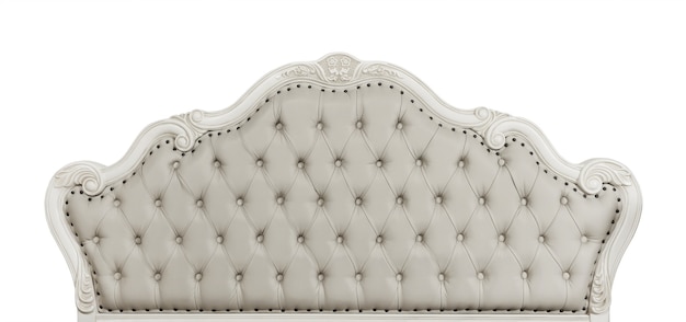 Cabecera de cama capitoné de cuero con mechones suaves de color beige pastel en forma de sofá estilo Chesterfield con marco de madera tallada, aislado sobre fondo blanco, vista frontal