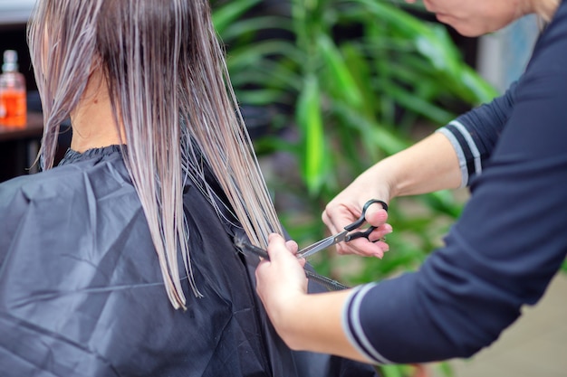 Cabeleireiro corta o cabelo de uma cliente no salão de beleza. Atendimento ao cliente no cabeleireiro. Prestação de serviços de corte de cabelo