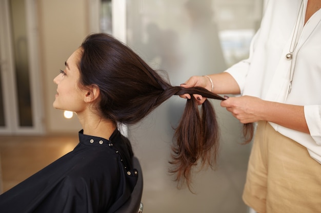 Cabeleireiro feminino penteia o cabelo de mulher, salão de cabeleireiro. Estilista e cliente em hairsalon. Negócio de beleza, serviço profissional