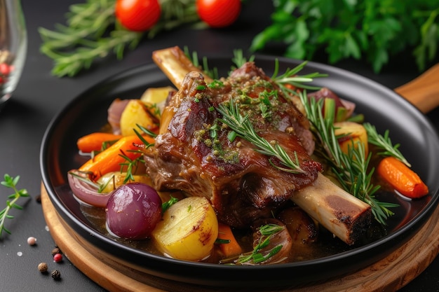 Foto cabellera de cordero asada con hierbas y verduras