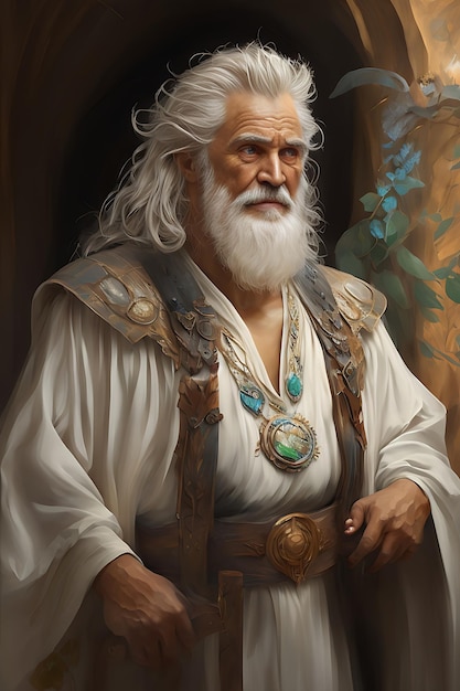 Cabello blanco larga barba fuerte anciano en vestido de batalla blanco de serio pensativo