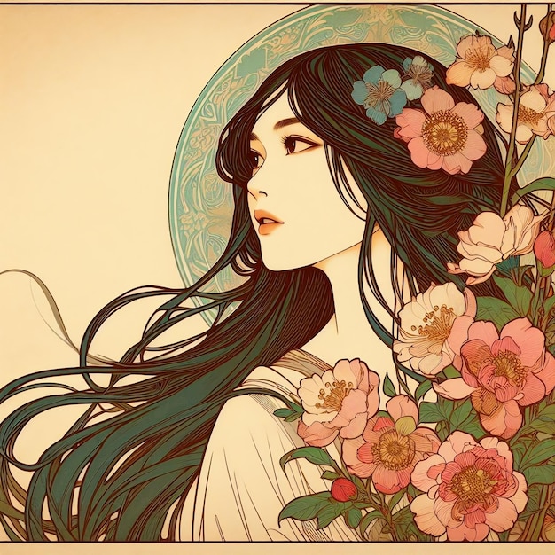 Foto cabello largo flores y nostalgia obra maestra al estilo art nouveau de alphonse mucha