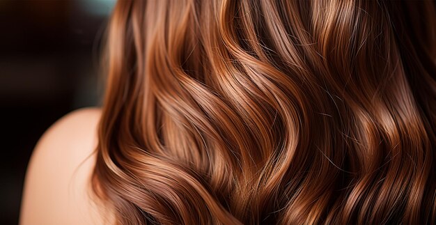 El cabello marrón de primer plano como fondo El cabello largo y oscuro natural de la mujer Los rizos ondulados y brillantes Imagen generada por IA