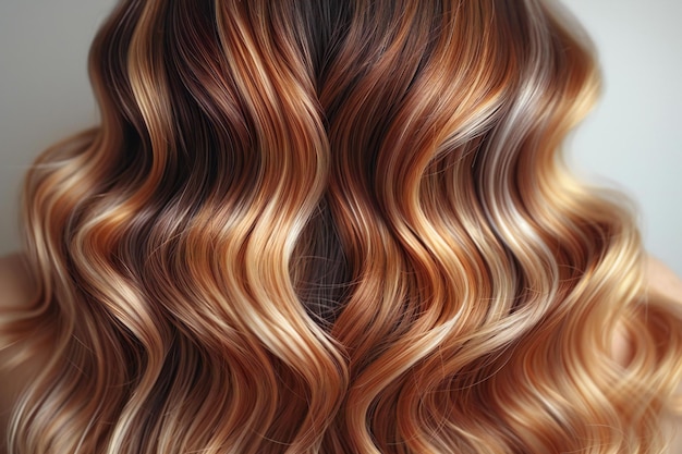 El cabello de una mujer hermosa en un fondo blanco se muestra desde una vista superior un primer plano de marrón suelto y bl