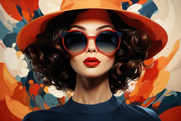 El cabello negro elegante Chica con sombrero y gafas de sol Fondo de flores Vibes de verano Pósters de dibujos animados retro