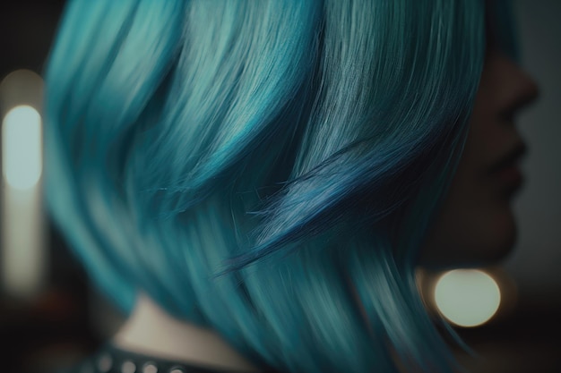 Cabelo azul de uma jovem em closeup AI Generation