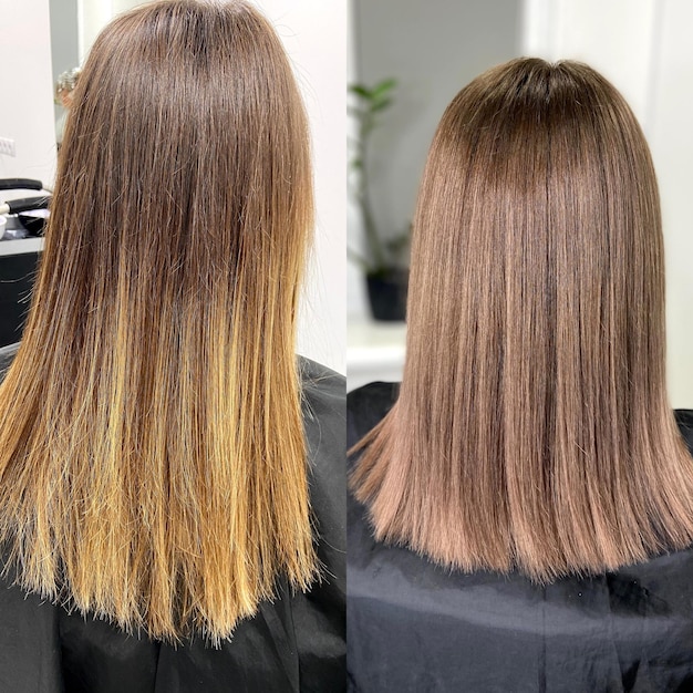 cabelo bonito. cabelo colorido. cabelo tingido em um salão de beleza. antes e depois da coloração do cabelo