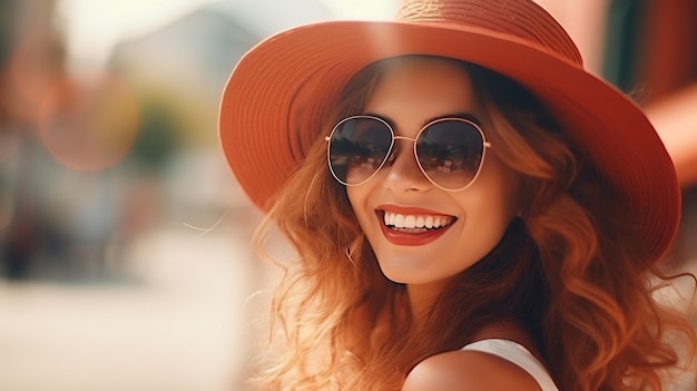 Cabelo castanho Feliz sorrindo Jovens mulheres bonitas usam chapéu e óculos de sol no verão Ai Generated