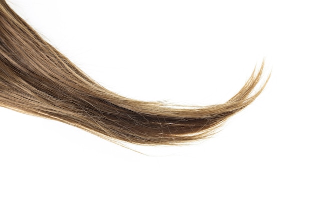 Cabelo castanho saudável de uma jovem em fundo branco.