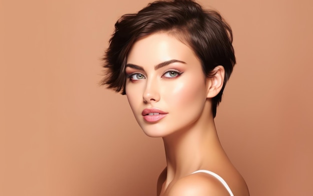 cabelo curto Mulher com aparência natural em retrato cativante