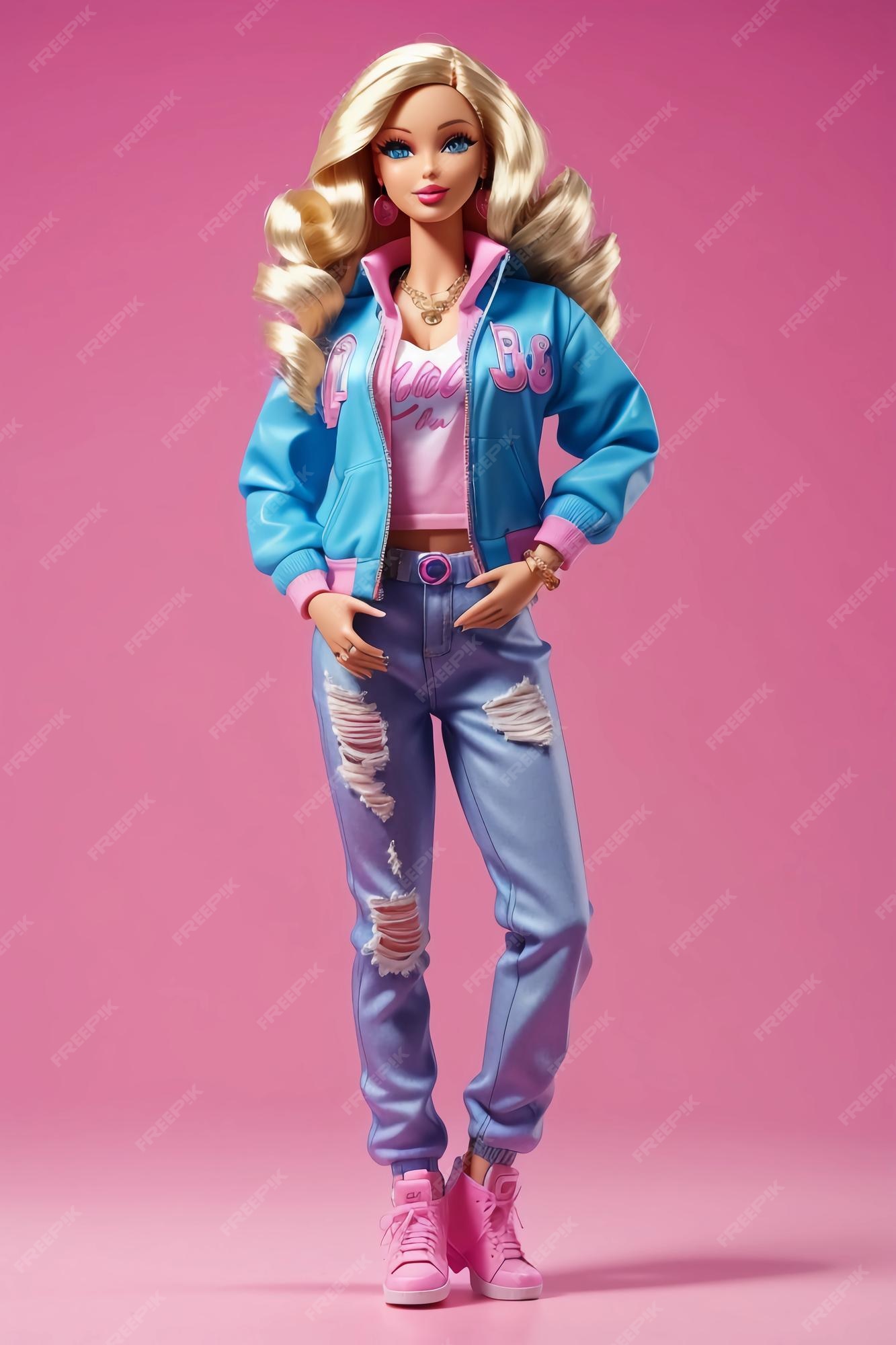 Cabelo loiro da boneca barbie usando roupa rosa estilo hip hop no