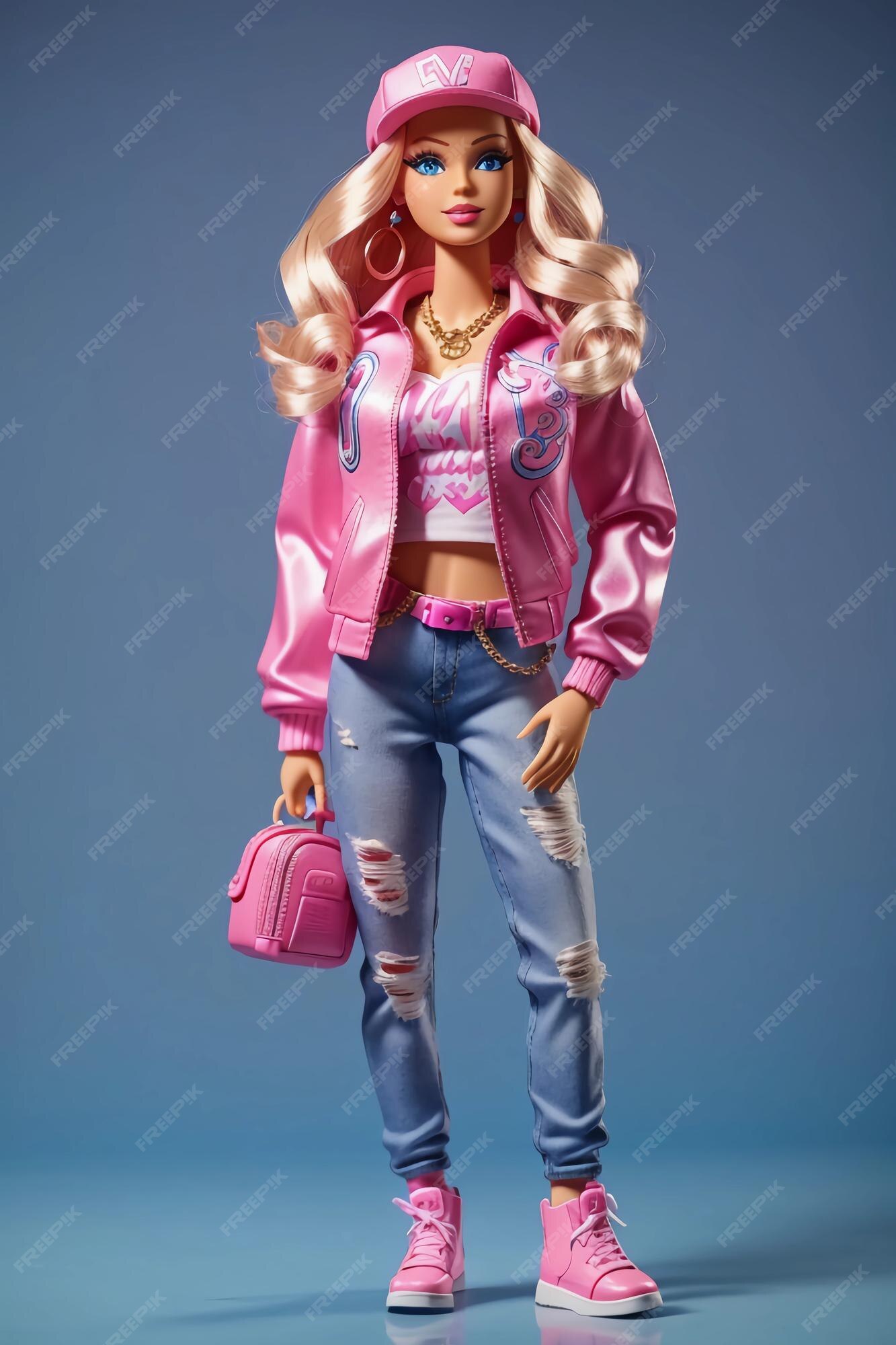 Cabelo loiro da boneca barbie usando roupa rosa estilo hip hop no