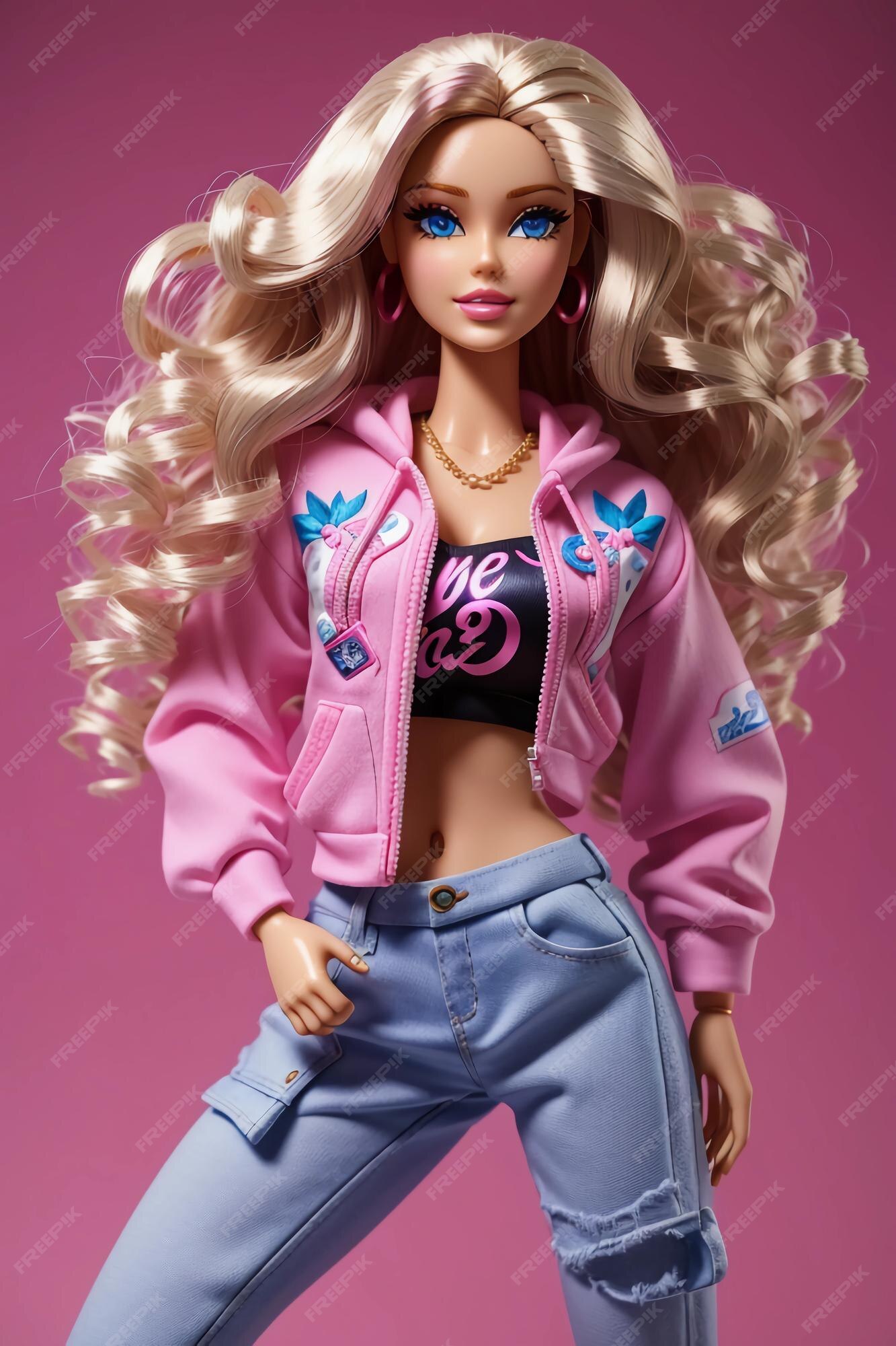 Cabelo loiro da boneca barbie usando roupa rosa estilo hip hop no