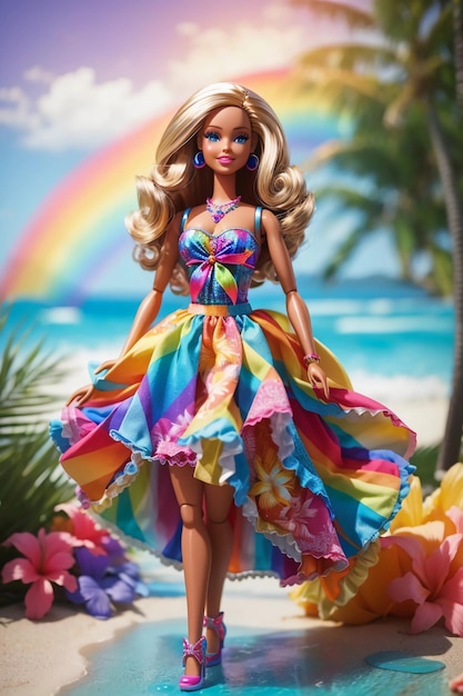 Cabelo loiro de boneca Barbie de corpo inteiro com lindo vestido arco-íris em uma praia tropical