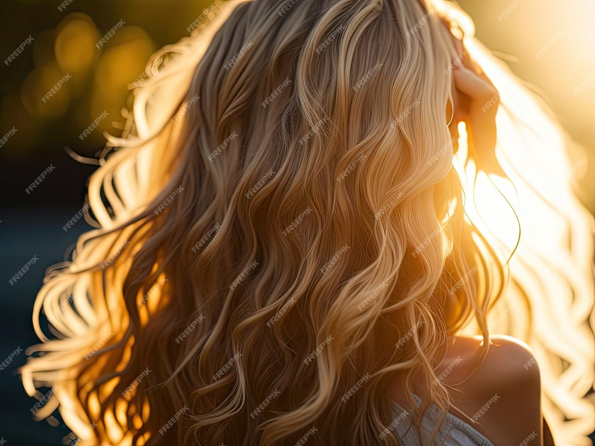 Closeup de cabelo loiro encaracolado sem rosto visão traseira de