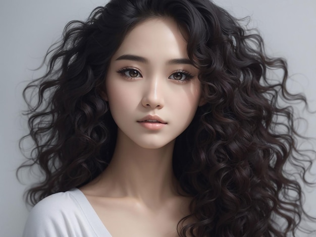 Cabelo longo encaracolado de jovem beleza asiática com estilo de maquiagem coreano no rosto e pele perfeita