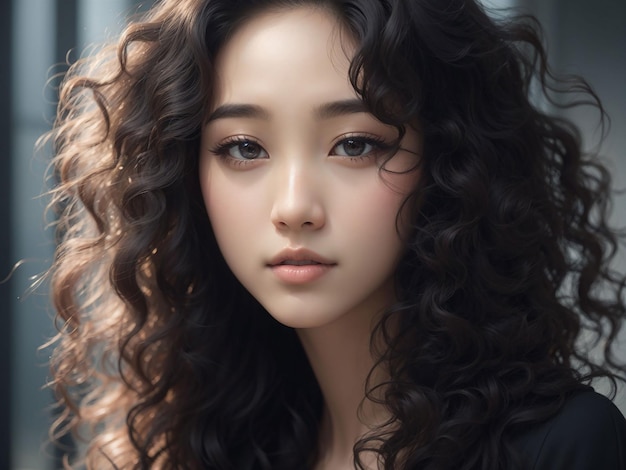 Cabelo longo encaracolado de jovem beleza asiática com estilo de maquiagem coreano no rosto e pele perfeita