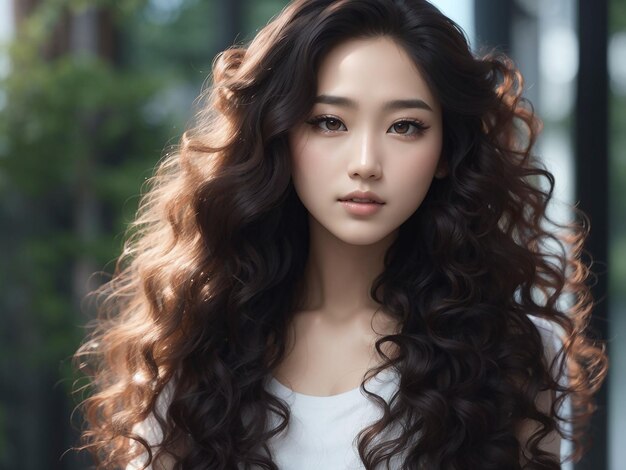 Cabelo longo encaracolado de jovem beleza asiática com estilo de maquiagem coreano no rosto e pele perfeita