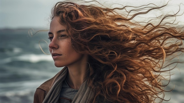 Cabelo ondulado emaranhado na brisa do mar gerada por IA