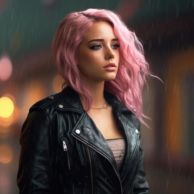 Cabelo rosa pastel punk super herói mulher adolescente casaco de couro