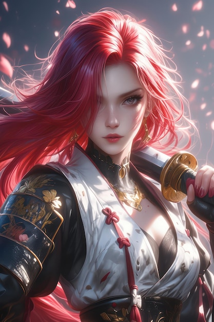 cabelo vermelho anime mulher guerreira ilustração