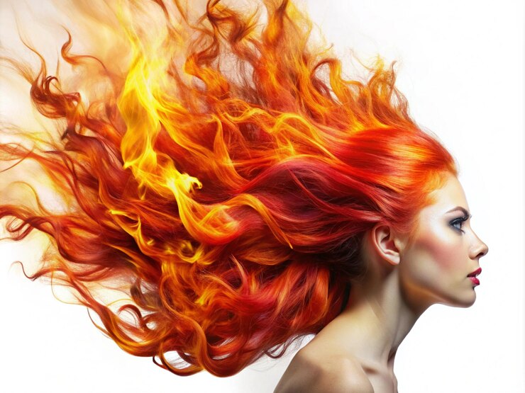 Foto cabelo vermelho feminino se transformando em chamas de fogo isolado em fundo branco para um dramático e ardente