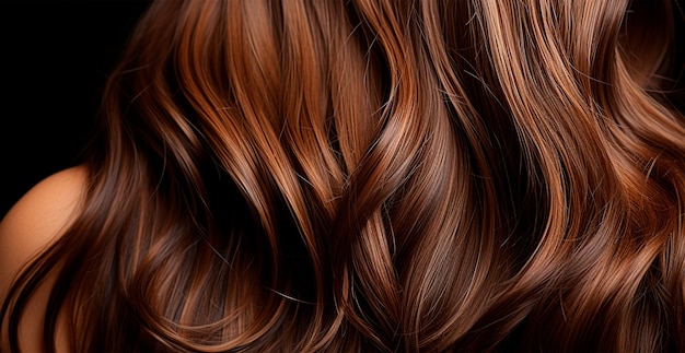 Foto cabelos castanhos em close-up como fundo cabelos escuros naturais longos femininos menina com cachos ondulados e brilhantes imagem gerada por ia