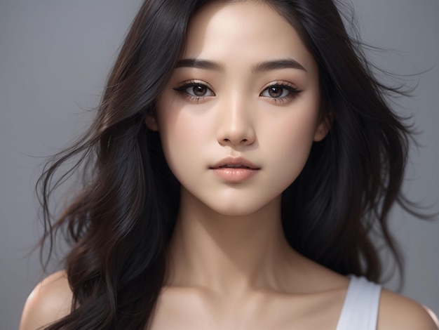 Cabelos longos de jovem asiática com maquiagem natural no rosto têm lábios carnudos e pele limpa e fresca