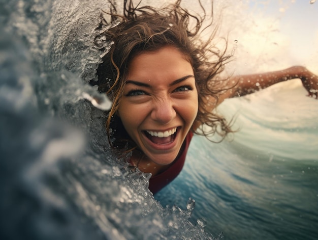 Foto caber linda mulher surfando nas ondas do oceano