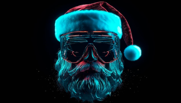 Cabeza 3d de Papá Noel en el espacio de realidad virtual en gafas VR neon scifi cyberpunk ilustración 3D