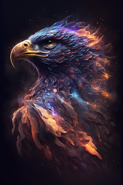 Cabeza de águila conectada a la nebulosa galáctica Un águila sobre un fondo negro en una edición abstracta mágica