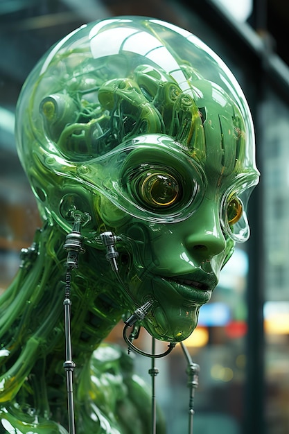 una cabeza alienígena verde con cables y cables