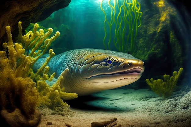 Cabeza de anguila morena de mar depredadora en agua clara verde azul