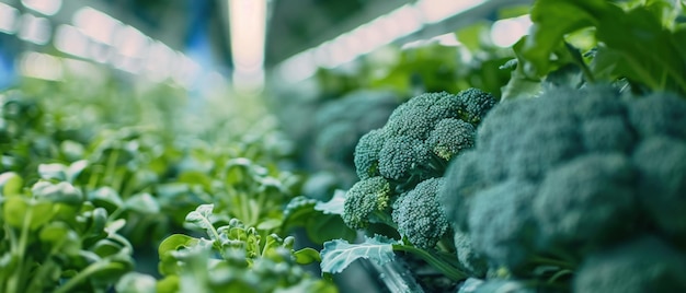Una cabeza de brócoli fresca creciendo en una granja hidropónica limpia y sostenible