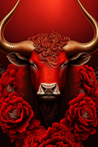 Foto cabeza de buey rojo del zodiaco chino y diseño de flor roja