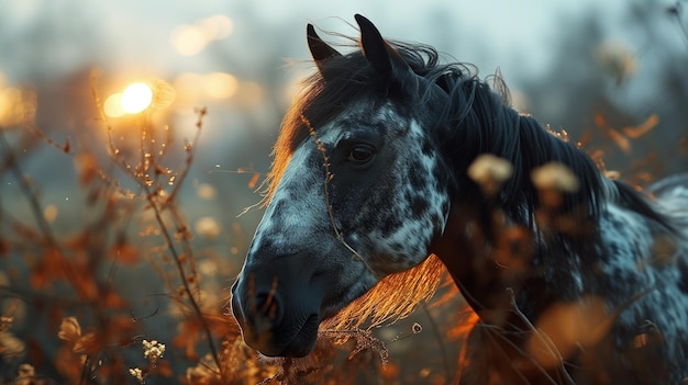 Foto cabeza de caballo y campo de la puesta del sol