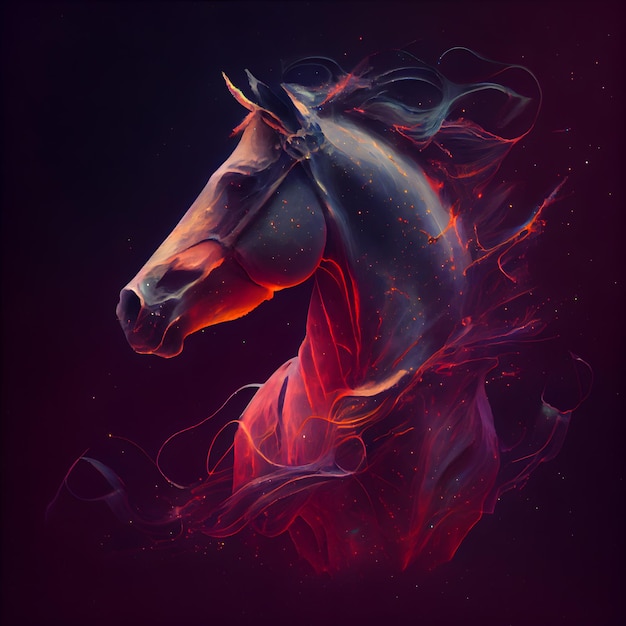 Cabeza de caballo con efecto de fuego sobre fondo oscuro Pintura de arte digital